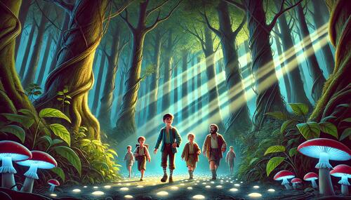 hop o my thumb story, boys in forest with towering trees